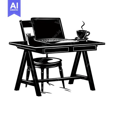 Aset desain premium: Silhouette of a Desk with a Laptop, Chair, and Coffee Cup