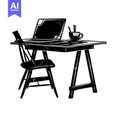 Aset desain premium: A Black and White Illustration of a Desk with a Chair, a Laptop, and a