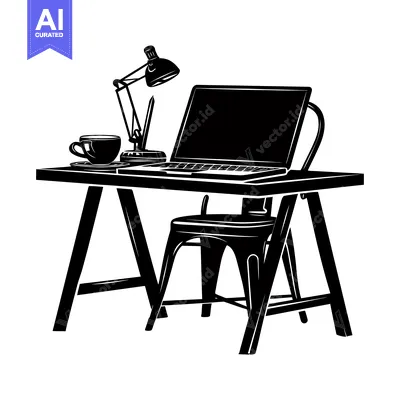 Aset desain premium: Black and White Silhouette of a Desk with Laptop, Chair, Lamp and Coff