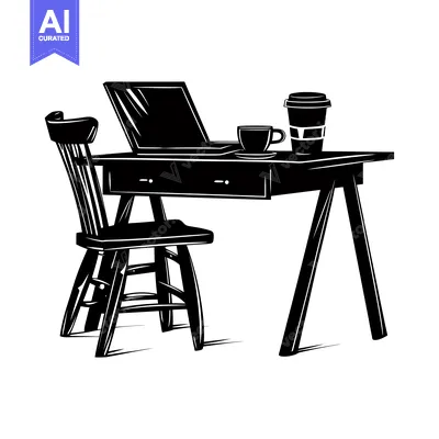Aset desain premium: Black and White Silhouette of a Desk, Chair, Laptop, and Coffee Cups