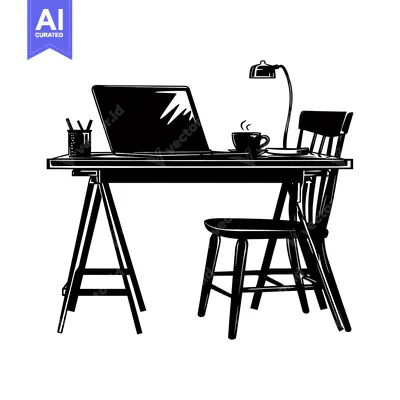 Aset desain premium: Black and White Illustration of a Desk with a Laptop, Cup of Coffee, a