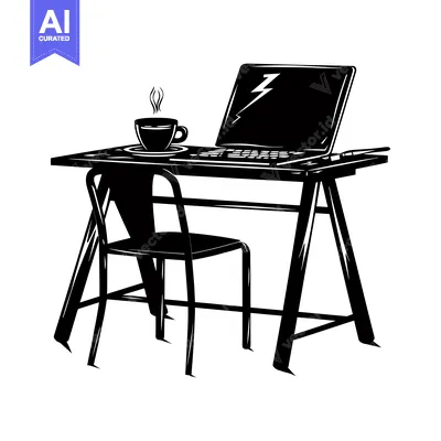 Aset desain premium: Black and White Illustration of a Desk with a Laptop, Chair, and a Cup