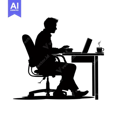 Premium design asset: Silhouette of a Man Working at a Desk with a Laptop and Coffee