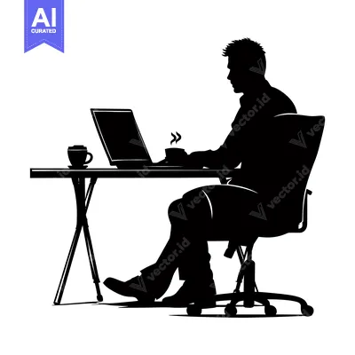 Aset desain premium: Silhouette of a Man Working at a Desk with a Laptop and a Cup of Coffe