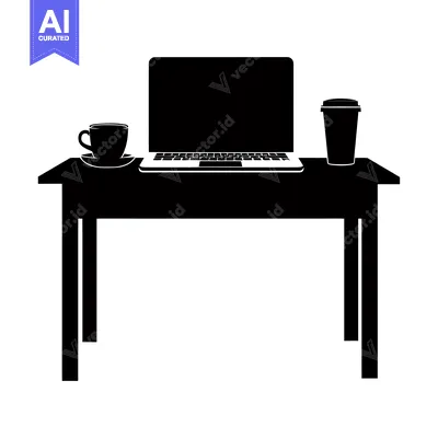 Aset premium populer: Black Silhouette of a Desk with a Laptop, Coffee Cup, and To-Go Cup