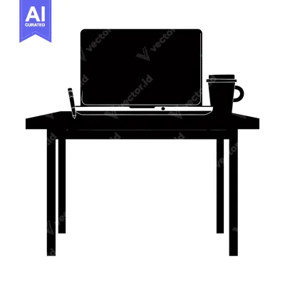 Aset premium populer: Black and White Silhouette of a Desk with a Laptop, Coffee Cup, and Pe