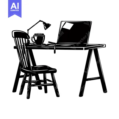 Popular premium asset: Silhouette of a Desk with a Chair, Laptop, and Cup
