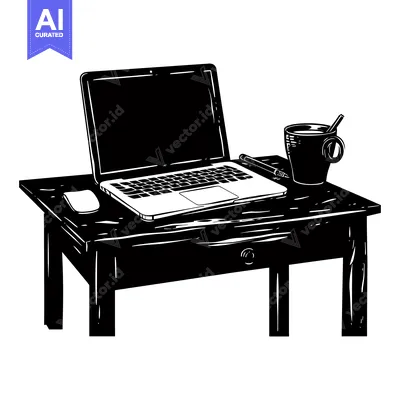Aset premium populer: Black and White Illustration of a Laptop on a Desk with a Cup and Penc