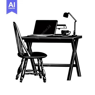 Popular premium asset: Black and White Silhouette of a Desk with a Chair, Laptop, Lamp, and C