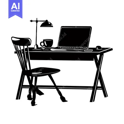 Popular premium asset: Silhouette of a Desk with Laptop, Chair, Lamp, and Coffee Cup