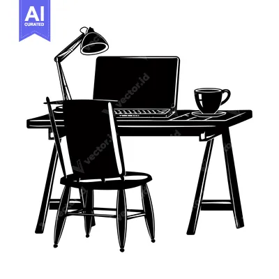 Aset desain premium: Silhouette of a Desk with Chair and a Cup of Coffee
