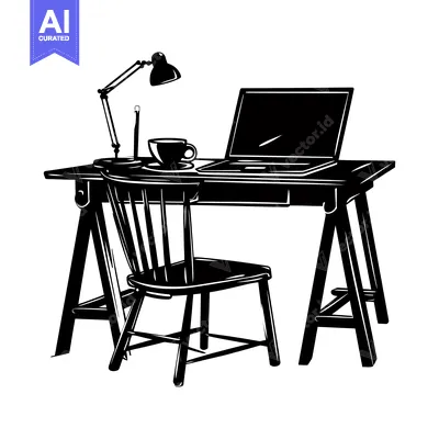 Aset premium populer: Black and White Illustration of a Desk with a Laptop, a Chair, and a C