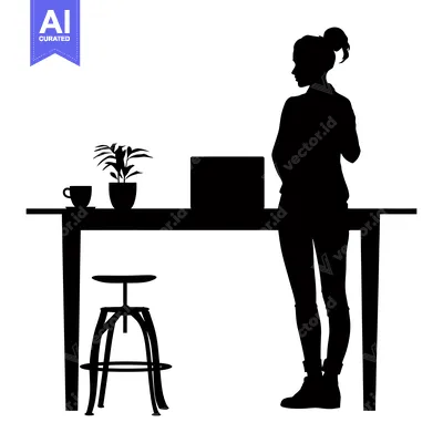 Premium design asset: Silhouette of a Woman Standing at a Table with a Laptop, Plant, and Co