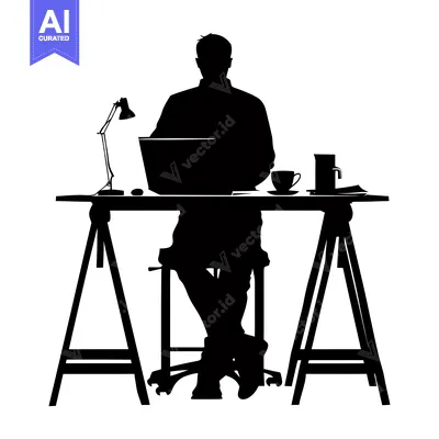 Premium design asset: Silhouette of a Person Working at a Desk with a Laptop, Lamp, and Coff