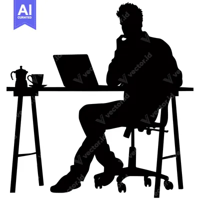 Aset desain premium: Silhouette of a Man Working at a Desk with a Laptop and Coffee