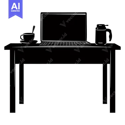 Popular premium asset: Silhouette of a Desk with a Laptop, Coffee Cup, and Pitcher