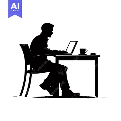 Aset desain premium: Silhouette of a Person Working at a Table with a Laptop