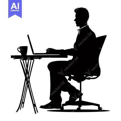 Aset desain premium: Silhouette of a man sitting at a desk using a laptop