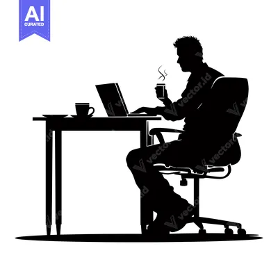 Aset desain premium: Silhouette of a Man Working on a Laptop with a Cup of Coffee