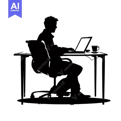 Premium design asset: Silhouette of a man sitting at a desk with a laptop and a cup of coffe