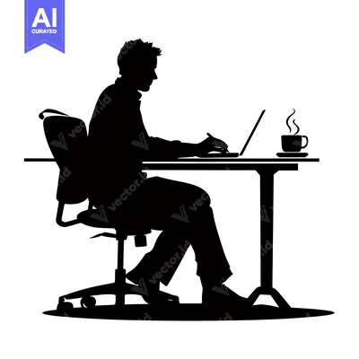 Aset premium populer: Silhouette of a man working at a desk with a laptop and a cup of coffe