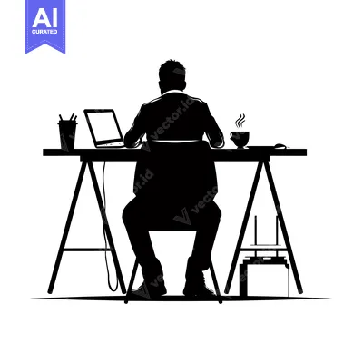 Aset desain premium: Silhouette of a Person Working at a Desk with a Laptop and Coffee