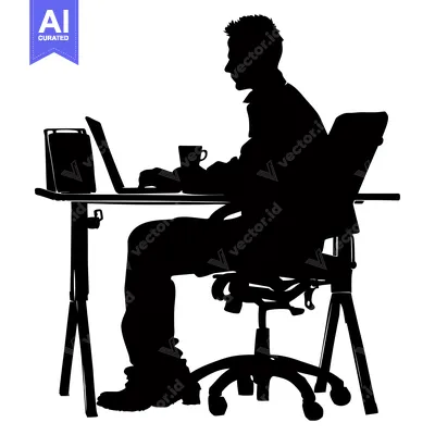 Aset desain premium: Silhouette of a man working on a laptop at a desk with a mug