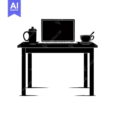 Aset desain premium: Black Silhouette of a Desk with a Laptop, Cup, and Water Bottle