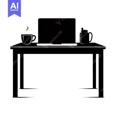 Aset desain premium: Black and White Silhouette of a Desk with a Laptop, Coffee Cup, and Mu
