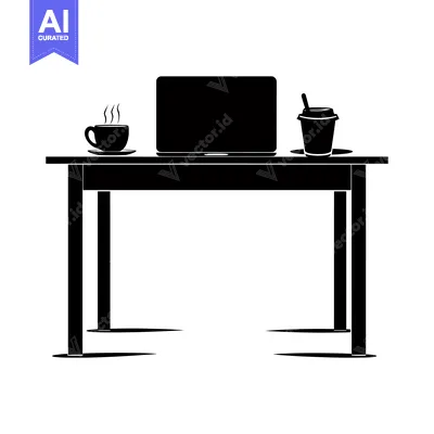 Aset desain premium: Black Silhouette of a Table with a Laptop, Coffee Mug, and a Cup of Co