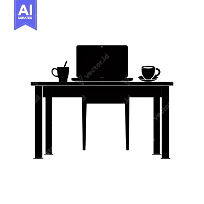 Aset desain premium: Black Silhouette of a Desk with a Laptop, a Cup of Coffee and a Mug