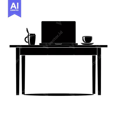 Aset premium populer: Black Silhouette of a Desk with a Laptop, Coffee Cup, and a Mug