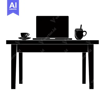 Aset premium populer: Black silhouette of a table with a laptop, a mug, and a cup.