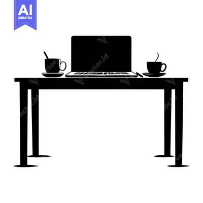 Aset desain premium: Black Silhouette of a Desk with Laptop, Two Coffee Cups, and a Pencil