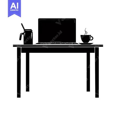 Aset premium populer: Black Silhouette of a Desk with a Laptop, Cup of Coffee, and Mug