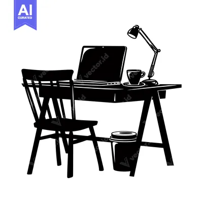 Aset desain premium: A Black and White Silhouette of a Desk with a Chair, Laptop, Cup, and