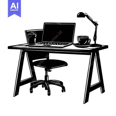 Aset desain premium: A Black and White Illustration of a Laptop Desk with a Lamp, Coffee Cu