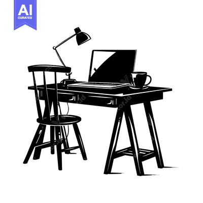 Aset desain premium: Black and White Illustration of a Desk with a Laptop, Chair, and a Lam