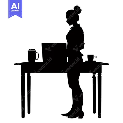 Aset premium populer: Silhouette of a woman working at her desk with a laptop and coffee