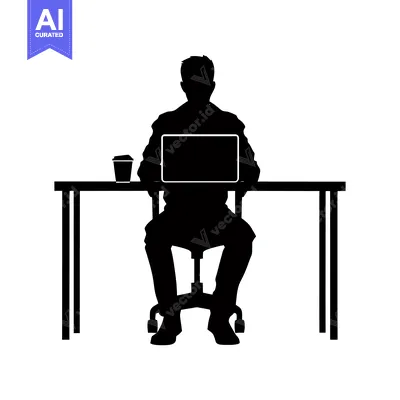 Aset premium populer: Silhouette of a Person Working at a Desk with a Laptop and a Cup of Co