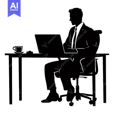 Aset premium populer: Silhouette of a Businessman Working at a Desk with a Laptop