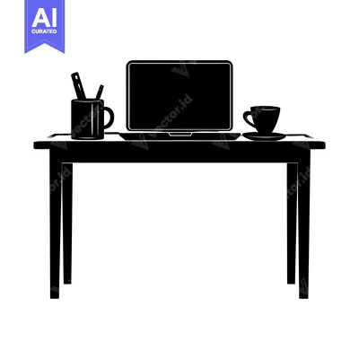 Aset desain premium: Black silhouette of a desk with a laptop, a cup of coffee, and a penci