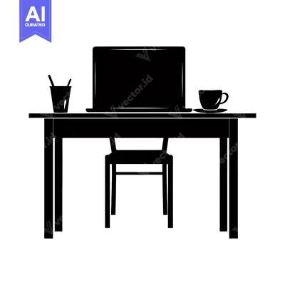 Aset desain premium: Black Silhouette of a Desk with a Laptop, Chair, Cup and Pencil Holder