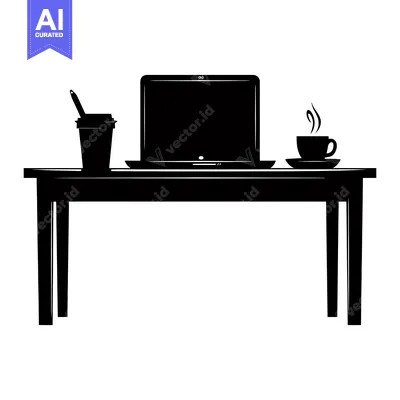 Aset desain premium: Black Silhouette of a Desk with a Laptop, Coffee, and a Pen
