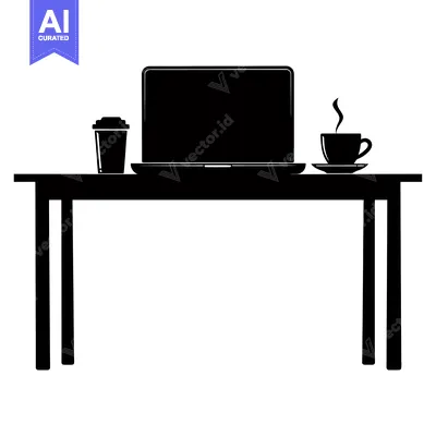 Aset premium populer: Silhouette of a laptop, coffee cup and a disposable cup on a table