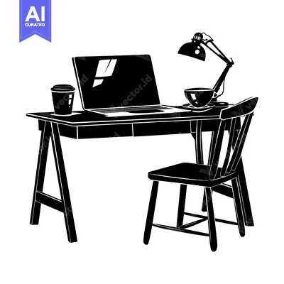 Aset desain premium: A Simple Desk with a Laptop, Lamp, Coffee, and a Chair