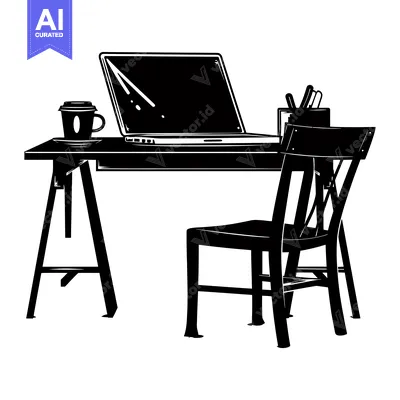 Aset desain premium: Black and White Silhouette of a Desk with a Laptop, Chair, and Coffee