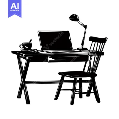 Black and White Silhouette of a Desk with a Laptop, Chair, Lamp, and C