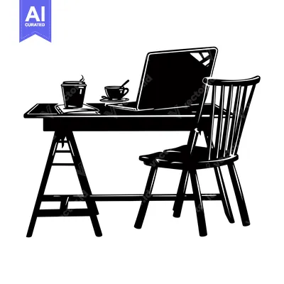 Premium design asset: A Black and White Silhouette of a Desk with a Laptop, Coffee, and a Ch