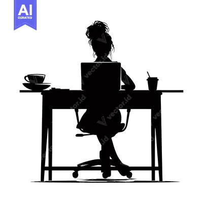 Silhouette of a Woman Working at a Desk with a Laptop, Cup, and a Drin